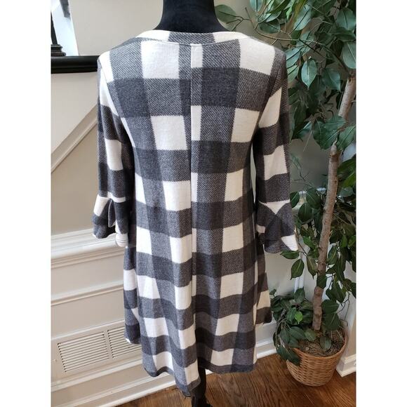 Tunic Dress Women's S White Black Check Round Neck Ruffle Sleeve Pullover - Picture 5 of 12